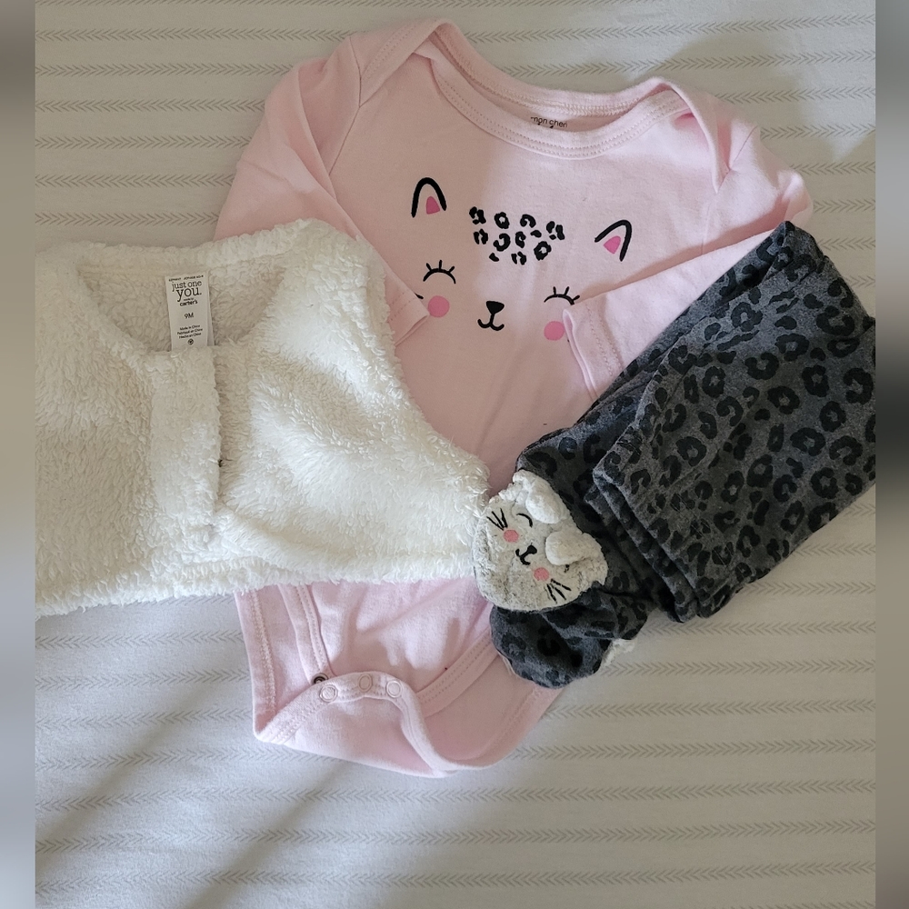 Mon Cheri Baby kitten bodysuit, pant, vest, hat set